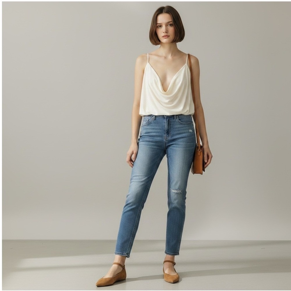 Pistola Distressed Straight Leg Jeans Women 26 Blue Solid Regular Modern Chic